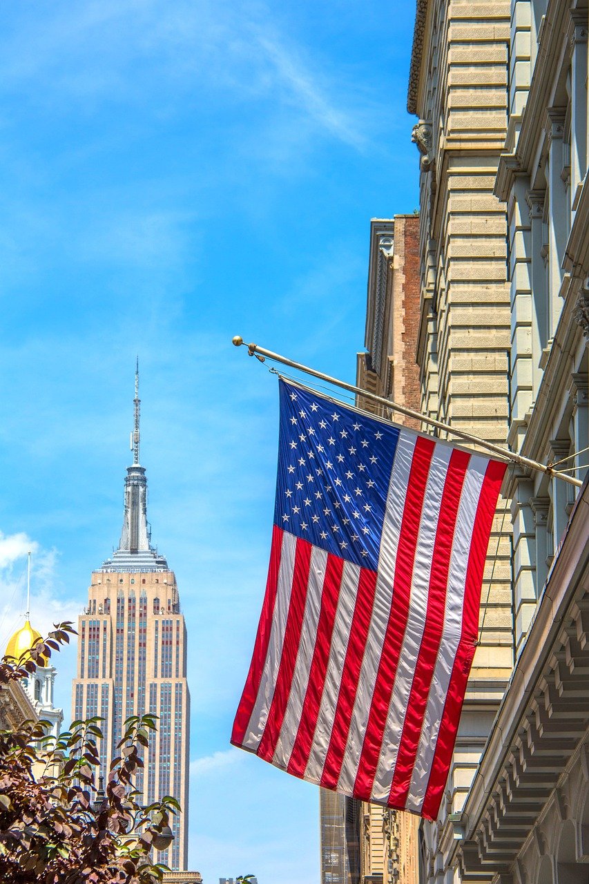 empire state, nyc, flag, america, manhattan, city, architecture, skyline, skyscraper, buildings, usa, building, urban, cityscape, downtown, landmark, famous